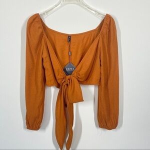 New Zaful Front Tie Crop Top Long Sleeves Brown Size S New